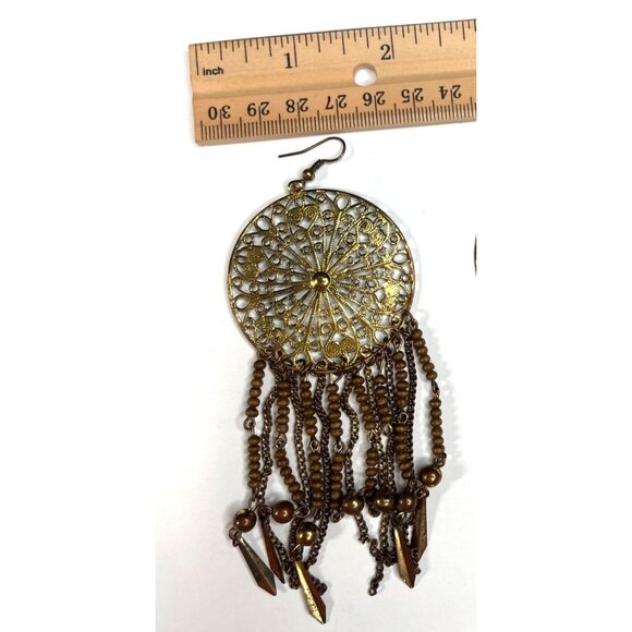 Vintage Gold Filigree Dreamcatcher Dangle Earrings With Bead & Chain Fringe A250 - Picture 9 of 12